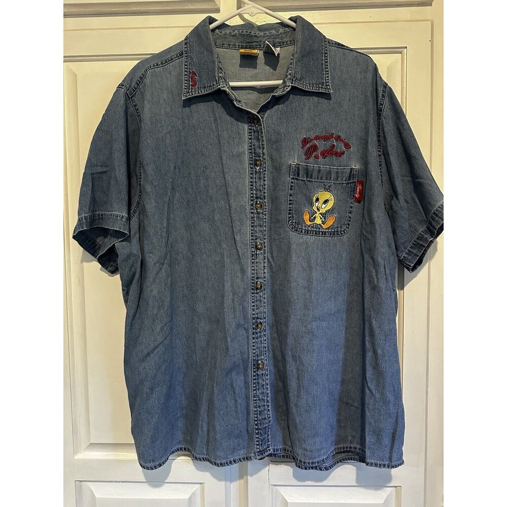 Tweety Bird Vintage Y2K Looney Tunes Embroidered Womens Denim Button Up Shirt XL